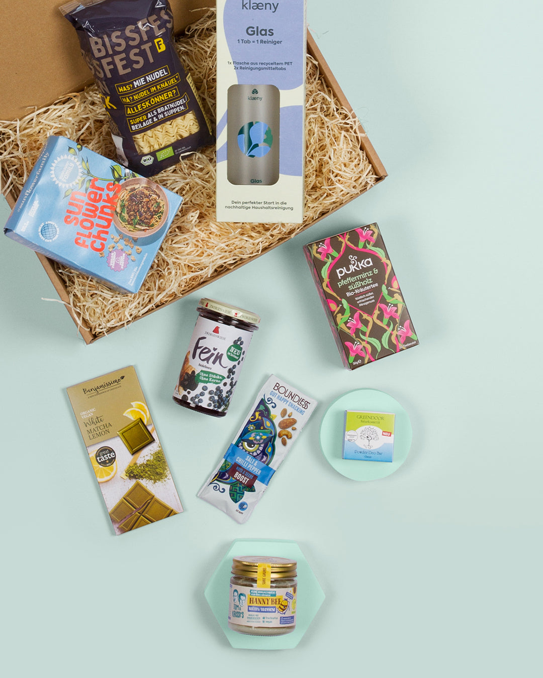 Beispielhafter Inhalt der Classic Box mit neue vegane Produkte