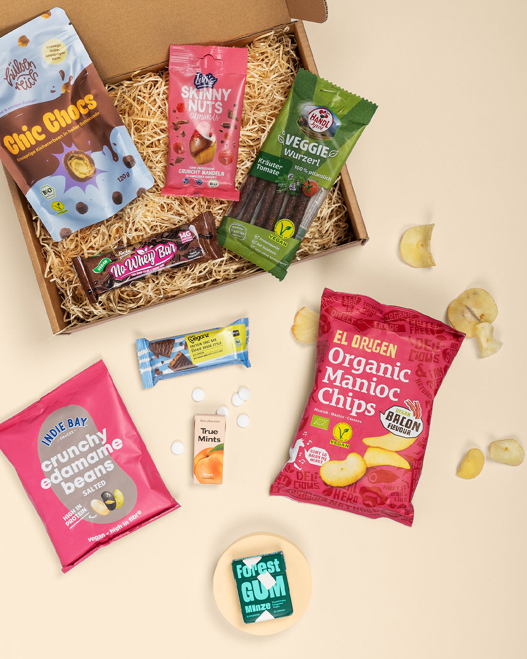 Vegane Snacks aus der Snack Box, beispielhafter Inhalt