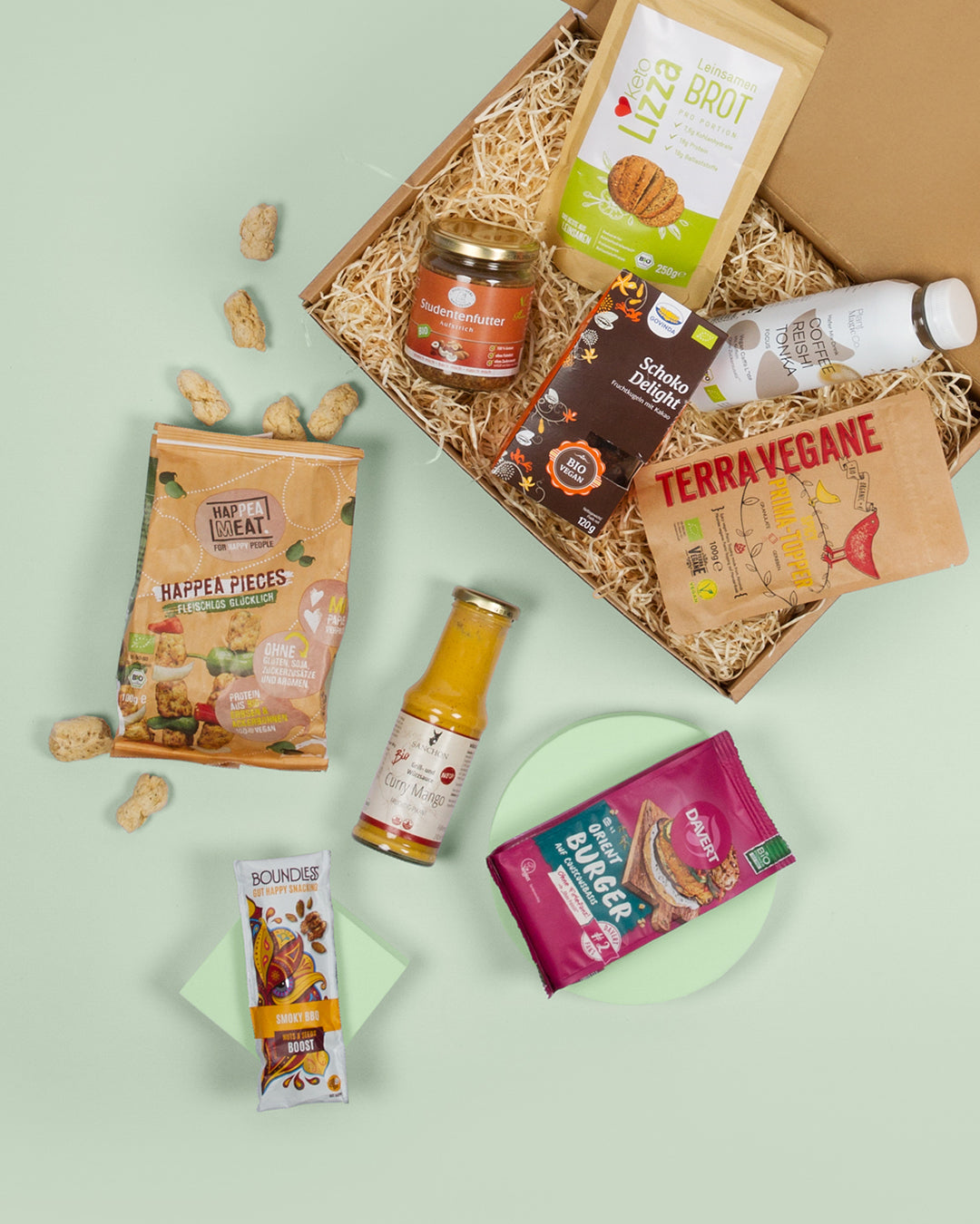 Vegane Lebensmittel aus der Food Box, beispielhafter Inhalt